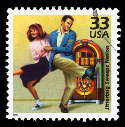 USA vintage postage stamp showing an image of the 1950's Jitterbug dance