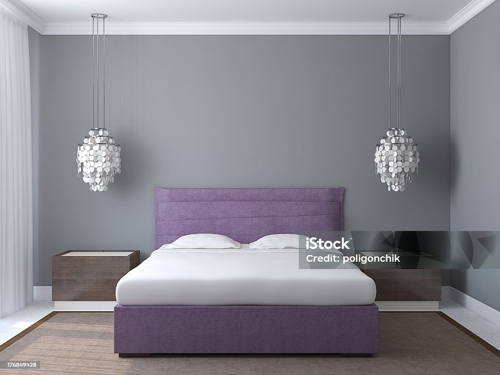 Modern bedroom interior. Modern bedroom interior with gray walls and violet king-size bed. 3d render. Bed - Furniture Stock Photo