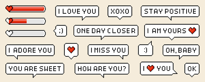 Pixel speech bubbles with worlds and phrases of love theme. Vector dialogue boxes with hearts. Chat speech or dialogue.  8-bit heart or love loading set.