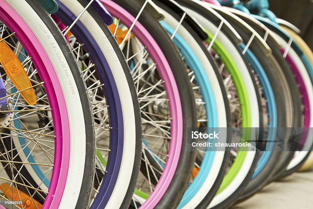 Colorfull wheels Wheel detail of a group of bikes Bicycle Stock Photo