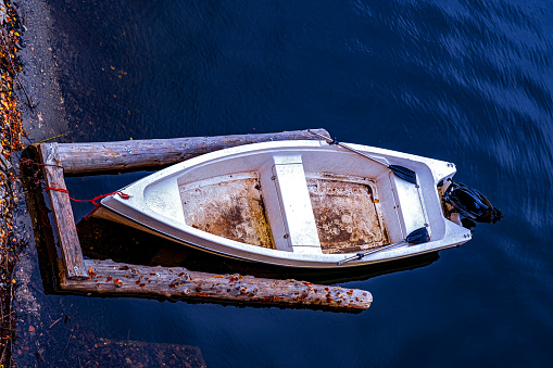 a boat with oars and motor on the shore of a lake, top view