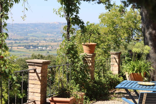 view from a garden terrace over rural countryside in summer sunshine - ceramics column garden pot ceramic imagens e fotografias de stock
