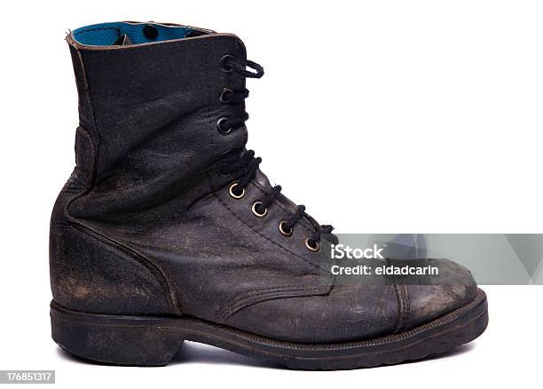 Isolated Used Army Boot Side View Stock Photo - Download Image Now - Dirty, Shoe, Unhygienic