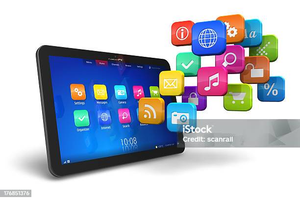 Tablet Pc With Cloud Of Application Icons Stock Photo - Download Image Now - Cloud Computing, Mobile App, Technology