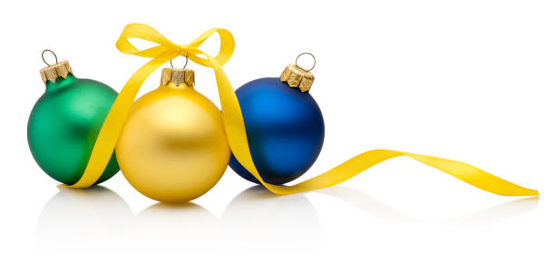 istock Three Christmas colored baubles with ribbon bow isolated on white background 1768531432