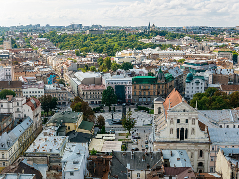 Lviv, Ukraine - September 17, 2023: View from the observation tower of the town hall to the Church of the Jezuites (garrison temple)