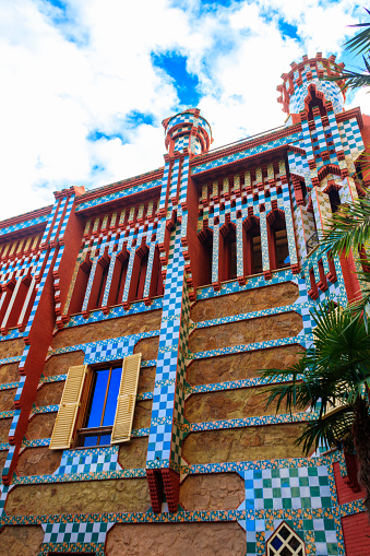 Barcelona, Spain - December 15, 2022: Facade of Casa Vicens in Barcelona, Spain. It is first masterpiece of Antoni Gaudi. Built between 1883 and 1885