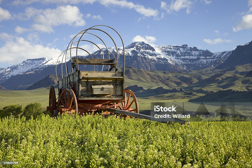 Old Planwagen mit Berge in Wyoming - Lizenzfrei Alt Stock-Foto