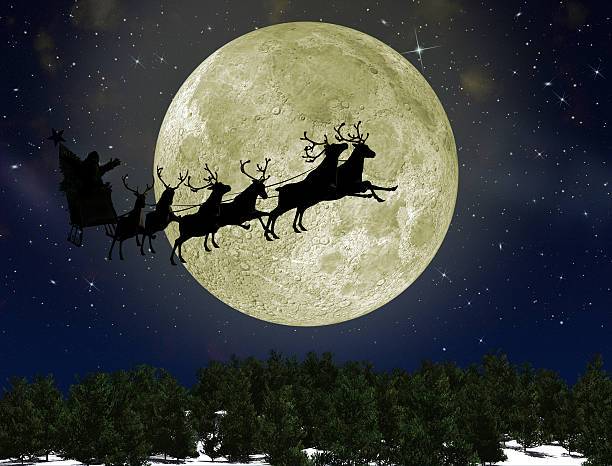 istock Santa Claus On Sledge With Deer against the bright moon 176855225
