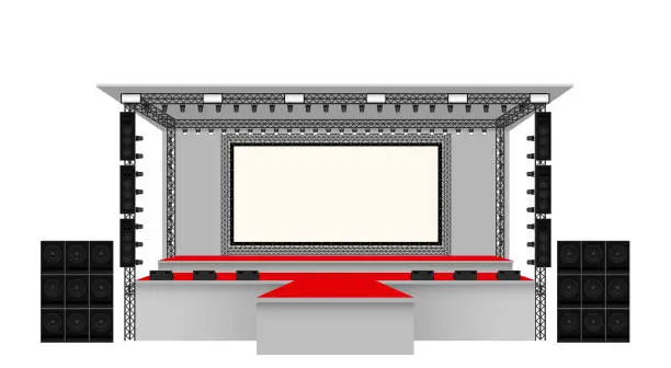 Vector illustration of red stage and white screen with spotlight on the truss system on the white background