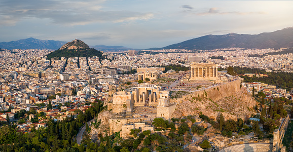 Government Building Hellenic Parliament in Athens Greece and Mount Lycabettus