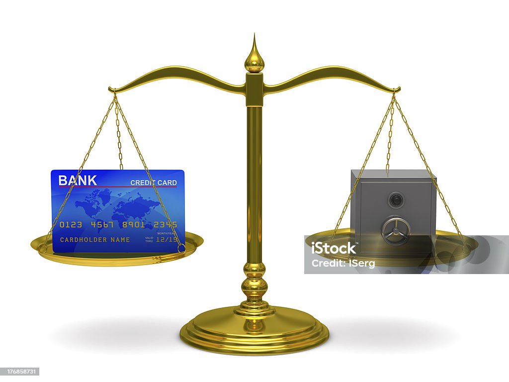 credit card and safe on scales. Isolated 3D image Accessibility Stock Photo