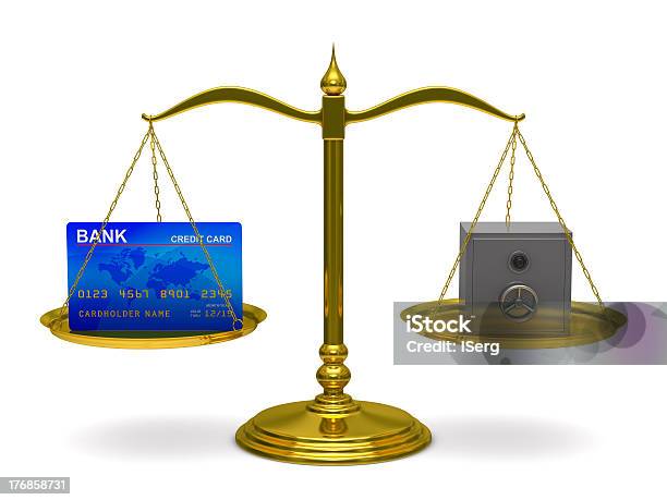 Credit Card And Safe On Scales Isolated 3d Image Stock Photo - Download Image Now - Accessibility, Balance, Bank Deposit Slip