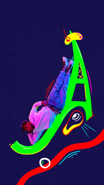 istock Poster. Contemporary art collage. Energetic man dancer painted in neon filter, light dancing in freestyle, breakdance style against dark mode background. 1768587592