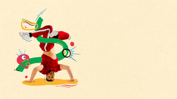 Poster. Contemporary art collage. Creative modern artwork. Street dancer, man dancing on head surrounded drawn colorful abstract elements. Healthy lifestyle, sport, hobby, fashion, motion concept.