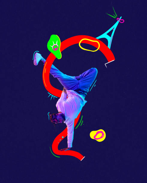 istock Poster. Contemporary art collage. Dancer painted in neon filter, light dancing hip-hop on hands against dark background surrounded bright elements. 1768588111