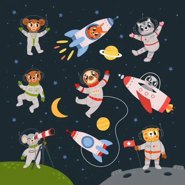 Vector illustration of Space adventures animals set. Cute animal wear suits and flying in universe. Game children characters, funny kids stickers classy vector templates