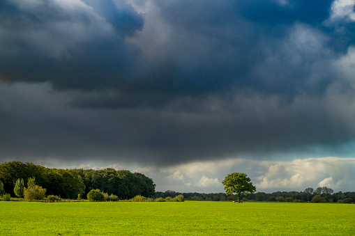 Vechtdal river landscape with a storm coming in during autumn in Overijssel, Netherlands. The Overijsselse Vecht originates in Oberdarfeld in the German state of North Rhine-Westphalia and flows north into Lower Saxony across the border into the Dutch province of Overijssel. There, it flows through the Salland region and close to the city of Zwolle, the river flows into the Zwarte Water river.