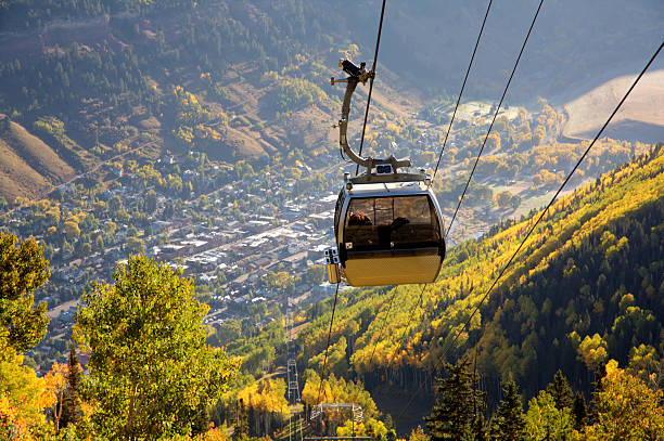 A view from a Telluride Gondola A gondola at Telluride Mountain in Colorado during fall colors overhead cable car photos stock pictures, royalty-free photos & images