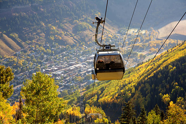 A view from a Telluride Gondola A gondola at Telluride Mountain in Colorado during fall colors aerial tramway stock pictures, royalty-free photos & images