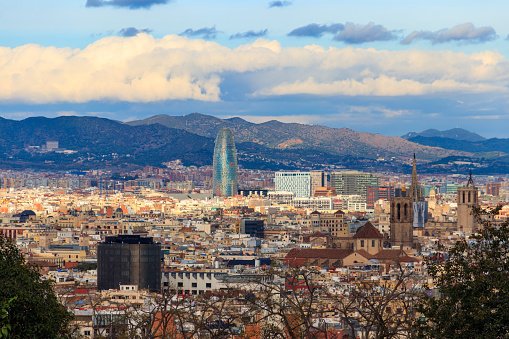 Barcelona, Spain - December 16, 2022: Panoramic view of Barcelona city from Montjuic hill, Catalonia, Spain