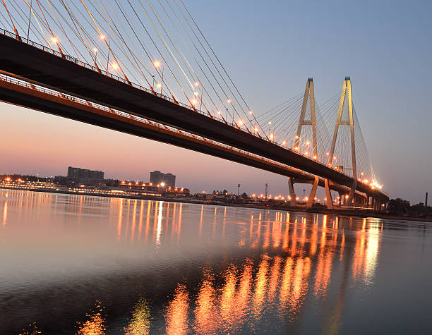 istock Big cable-stayed bridge at night, St.Petersburg 176859680
