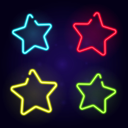 Set of neon glowing Christmas stars icons. Christmas banner, poster, greeting card design, background, wallpaper. Christmas holiday decoration. Merry Christmas and Happy New Year