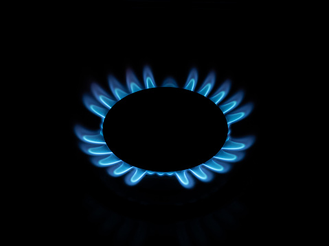 Kitchen gas stove burner blue flame ring isolated against black background
