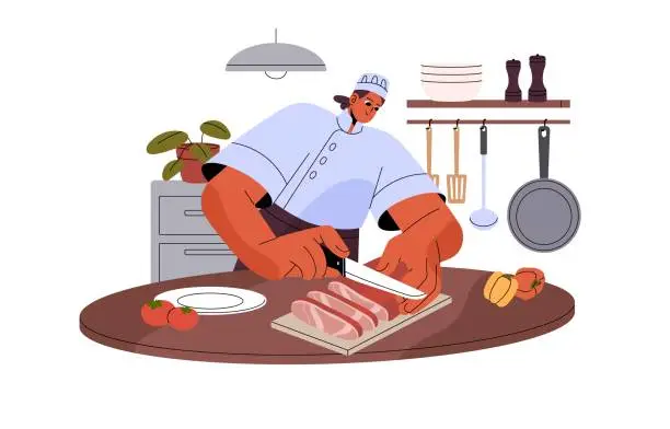 Vector illustration of Professional chef cooking food, cook dish, prepare meal. Woman in uniform mincing meat on slice with knife on chopping board. Restaurant culinary. Flat isolated vector illustration on white background