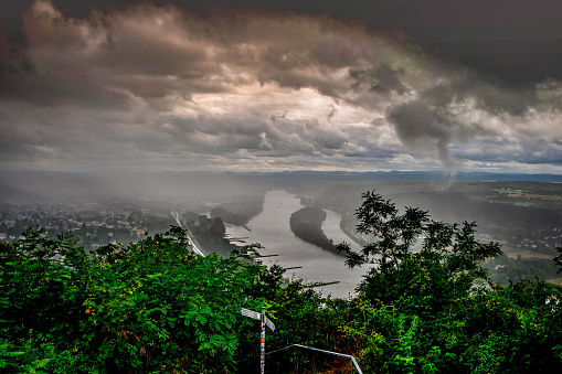 The Rhine River from the medieval Drachenfels Castle near the city of Bonn in Germany