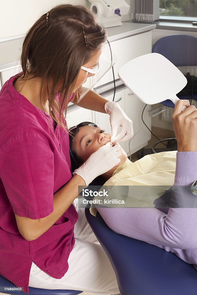 Stomatology is fun: you should do it this way Dentist is showing how to use dental floss Dental Floss Stock Photo