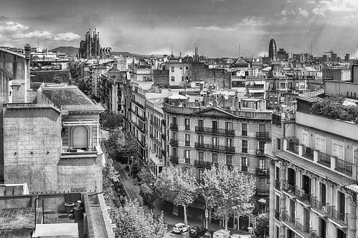 Aerial view over the rooftops of the Eixample district in Barcelona, Catalonia, Spain