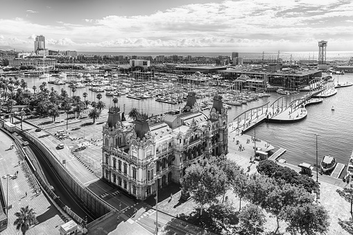 Scenic aerial view of Port Vell from the top of Columbus Monument, Barcelona, Catalonia, Spain