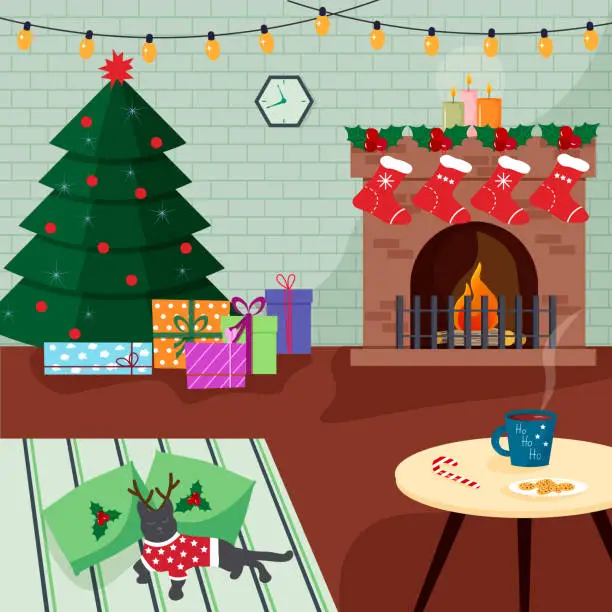 Vector illustration of Interior of a room with a fireplace. Christmas tree and gift boxes, table with cookies and cocoa. Cat in a sweater with deer antlers. Christmas and New Year.