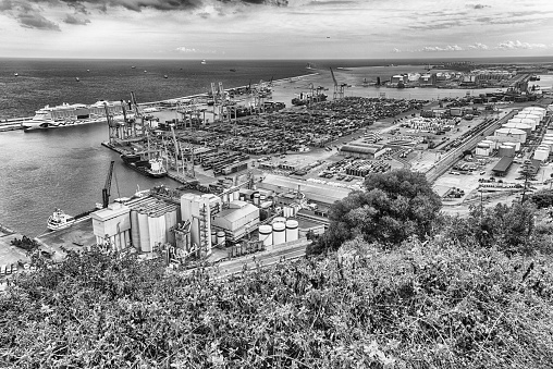 Aerial view over the commercial and industrial Port of Barcelona, Catalonia, Spain