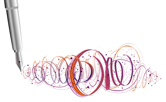 Vector Illustration of a Fountain Pen Writing Abstract Colorful Waves. Copy Space for your message or Brand.