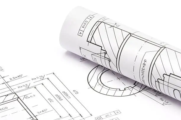 Blueprints of engineering component on white background