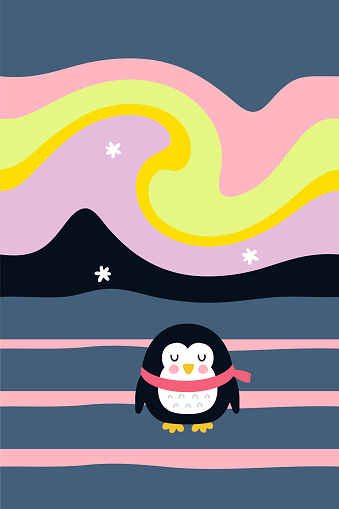 Tiny penguin on the pole under the sky with the Aurora Borealis lights. Vector illustration for poster, card, banner. Vertical print for decor and design.