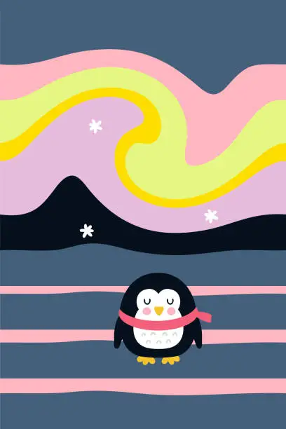 Vector illustration of Tiny penguin on the pole under the sky with the Aurora Borealis lights. Vector illustration for poster, card, banner. Vertical print for decor and design.