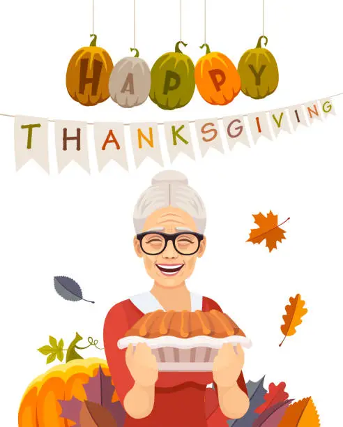 Vector illustration of Thanksgiving Invitation Template. Grandmother baked a pumpkin pie.