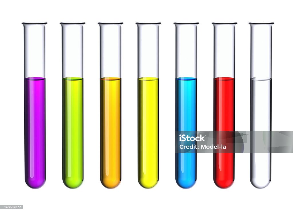 Test tubes. Seven test tubes with a colored liquid isolated on white. Test Tube Stock Photo