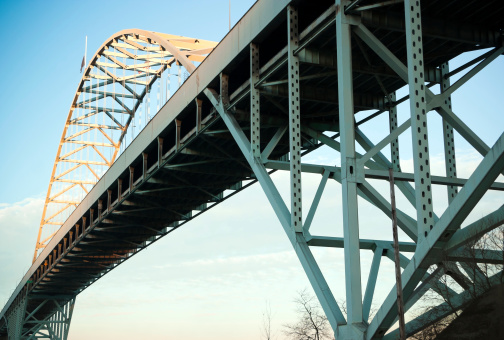 A low-angle view of the Fremont Bridge - U.S. Interstate 405 - facing north toward its eventual connection with Interstate 5.