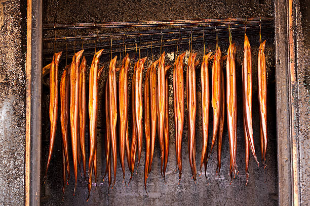 smoked eel smoked eel in smokehouse saltwater eel stock pictures, royalty-free photos & images