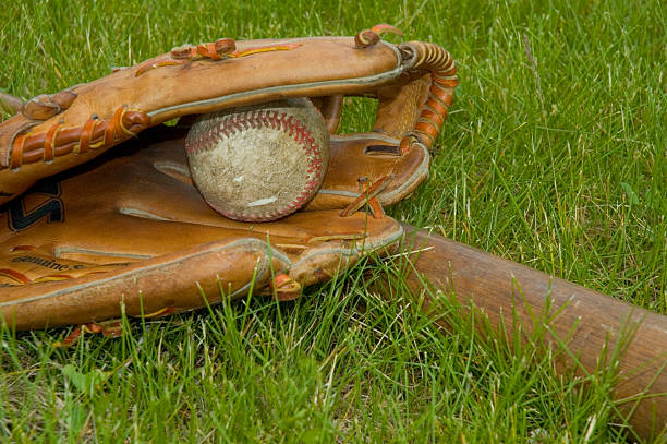 Baseball Stuff "Glove, ball & wooden bat" bunt stock pictures, royalty-free photos & images