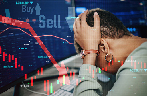 Woman, stress and banking of stock market, crash or financial crisis in overlay on computer. African, person and headache in trading, digital or fintech for lines, chart and money risk for investment