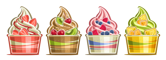 Vector Ice Cream Set, horizontal banner with illustration of 4 various frozen yogurts garnished fruit slices, choco sprinkles and topping syrup, four cut out twirl ice creams in carton tubes on white