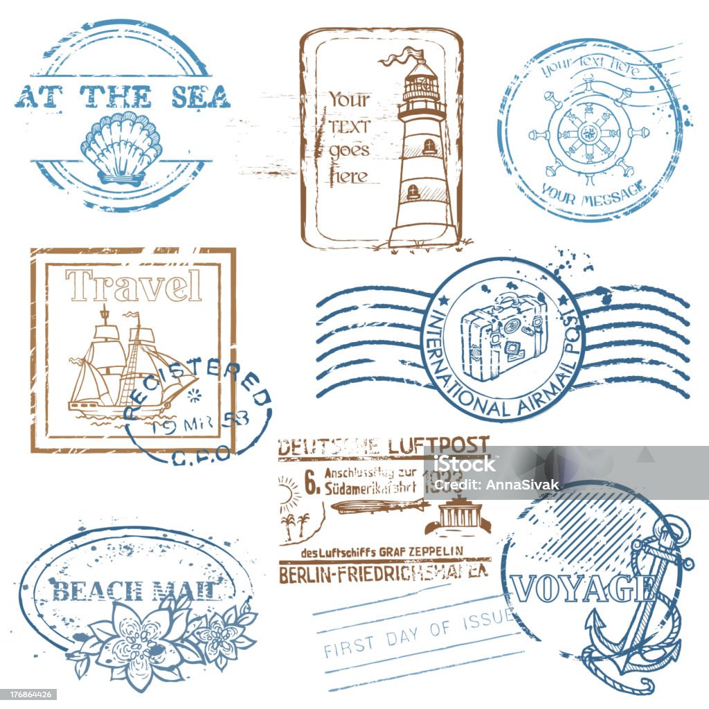 Sea Stamps A set of stamp icons with a sea/nautical theme. Color Image stock vector