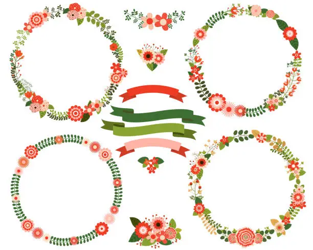 Vector illustration of Flower wreath borders in red and green colors