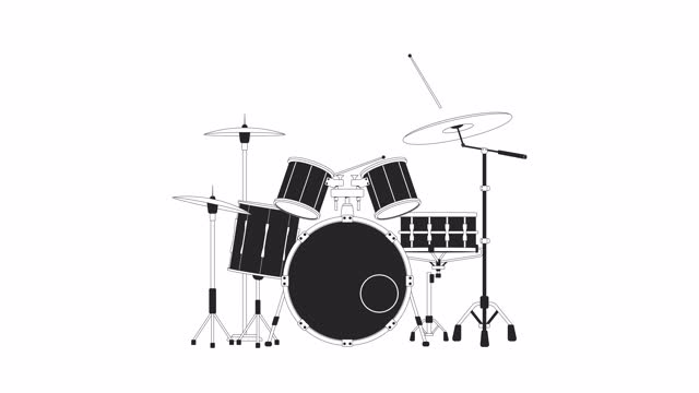 Playing drums with drumsticks bw outline 2D object animation