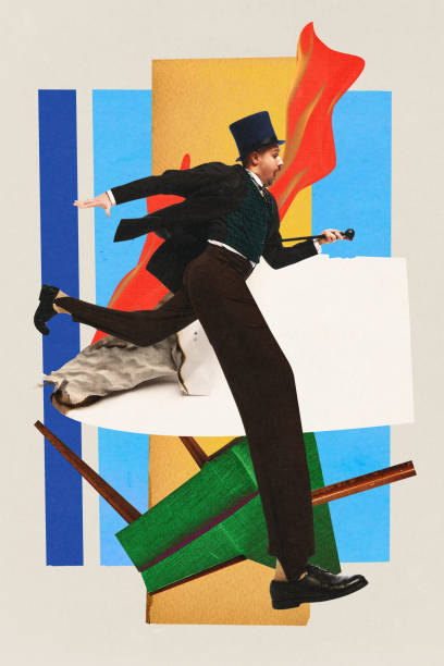 istock Contemporary art collage. Creative artwork with colorful elements. Panicked business man dressed officially vintage outfit with huge legs running from burning deadlines. 1768648266